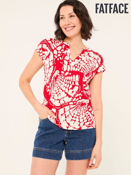 FatFace Red Mono Shells Linen Blend Notch Neck Top (AK5316) | £42