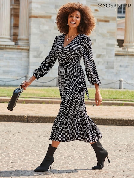 Sosandar Black Spot Print Belted Midi Dress (AK5405) | £85