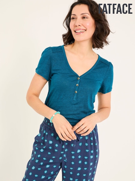 FatFace Lena Dark Teal Linen Henley Top (AK5484) | £42