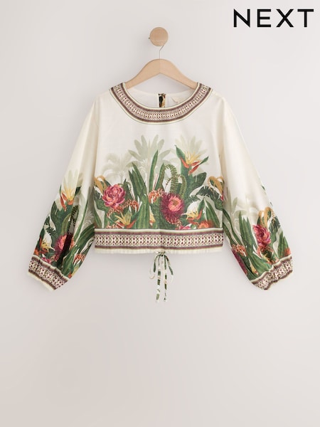 Cream/Pink/Green - Palm Flower Long Balloon Sleeve Tie Waist Top With Linen