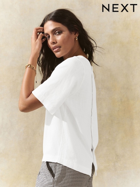 White Short Sleeve Boxy T-Shirt with Linen (AK5648) | £19