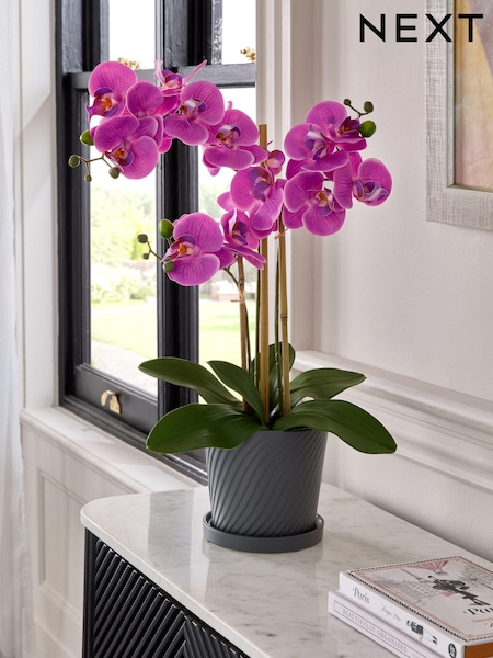 Pink Artificial Real Touch Orchid Plant In Grey Ceramic Pot (AK6087) | £42