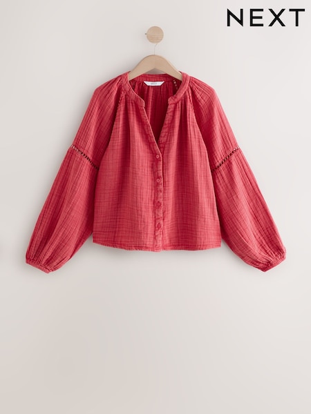 Red Button Down Long Sleeve Doublecloth Blouse (AK6106) | £28