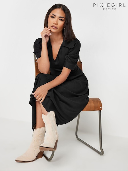 PixieGirl Petite Black Collar Midi Dress (AK6319) | £34