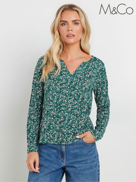 M&Co Green Petite Ditsy Notch Neck 100% Cotton Top (AK6374) | £19