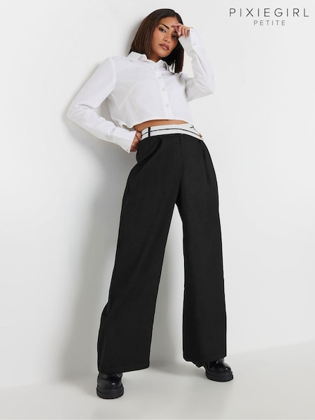 PixieGirl Petite Black Contrast Waist Wide Leg Trousers (AK6394) | £39