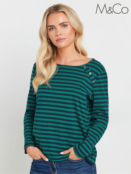 M&Co Blue Petite Long Sleeve Crew Neck 100% Cotton Top (AK6415) | £21
