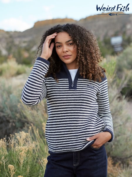 Weird Fish Blue Juilet Quarter Zip Stripe Macaroni 100% Cotton Sweater (AK6601) | £75