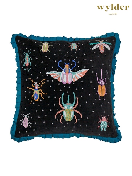 Wylder Teal/Black Darkling Beetles Embroidered Frilled 100% Cotton Cushion (AK6661) | £34