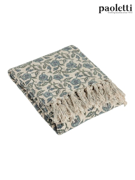 Paoletti Delph Blue Seventy Three Delphine Floral 100% Cotton Fringed Throw (AK6684) | £42