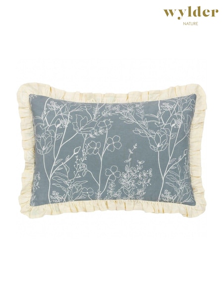Wylder French Blue Mae Floral Print Embroidered 100% Cotton Cushion (AK6714) | £19