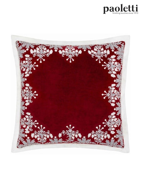 Paoletti Red Winter Bloom Floral Print Embroidered 100% Cotton Cushion (AK6716) | £32