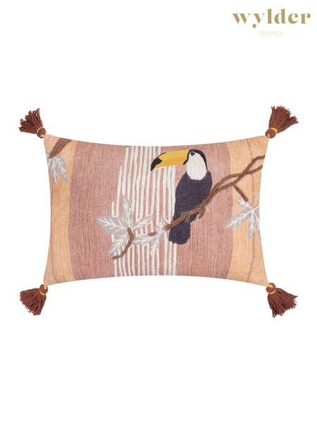 Wylder Natural Treetop Toucan Embroidered Tasselled 100% Cotton Cushion (AK6718) | £26