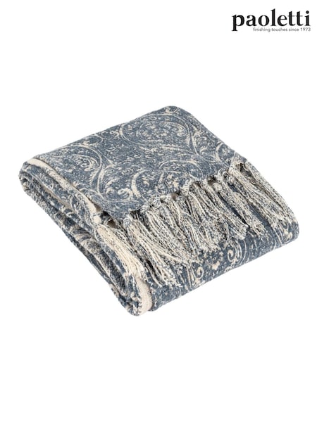 Paoletti Delph Blue Seventy Three Durelle Damask Fringed 100% Cotton Throw (AK6725) | £42
