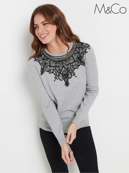M&Co Grey Lace Trim Long Sleeve Jumper (AK6800) | £34
