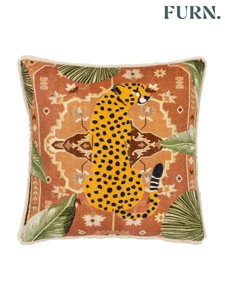 Furn Terracotta Kilim Cheetah Embroidered 100% Cotton Cushion (AK6940) | £34