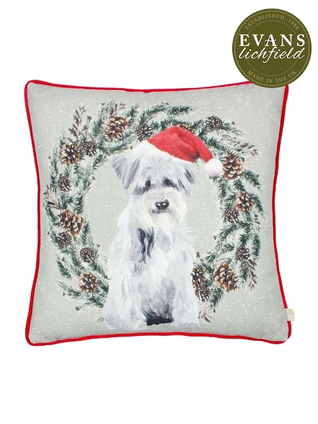 Evans Lichfield Multicolour Christmas Dog Wreath Piped Cushion (AK6948) | £20