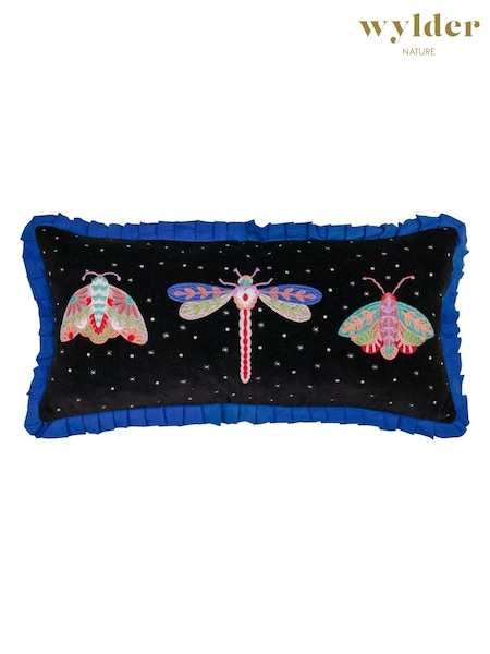 Wylder Black Darkling Beetles Embroidered Frilled Long Cushion (AK6995) | £44