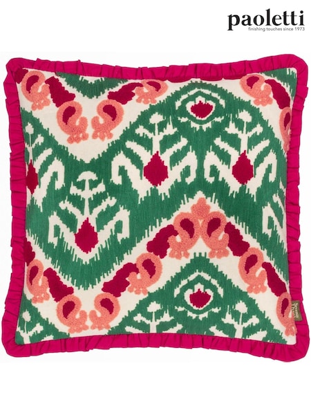 Paoletti Cerise and Jade Seventy Three Henderson Embroidered Ikat 100% Cotton Cushion (AK7001) | £24