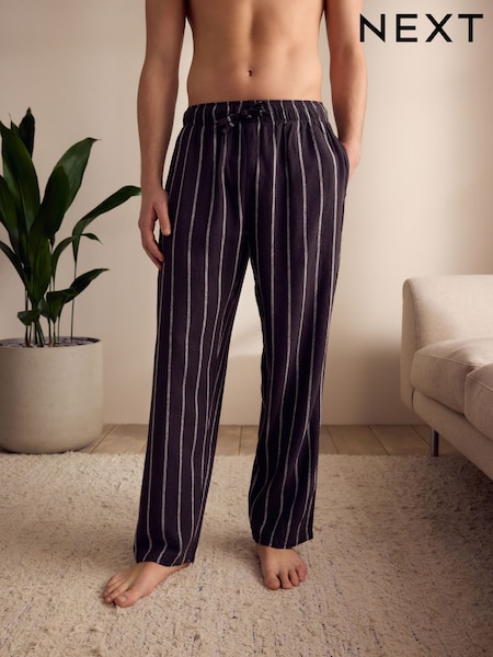 Black Striped Linen Blend Woven Pyjamas Bottoms (AK7095) | £36