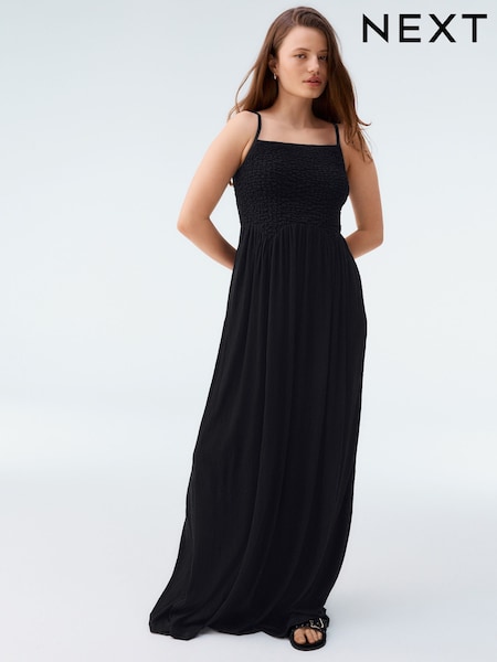 Black Strappy Shirred Jersey Maxi Dress (AK7118) | £32