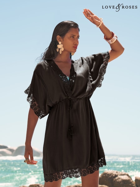 Love & Roses Black Mini Lace Trim Tassel Tie Detail Kaftan (AK7153) | £39