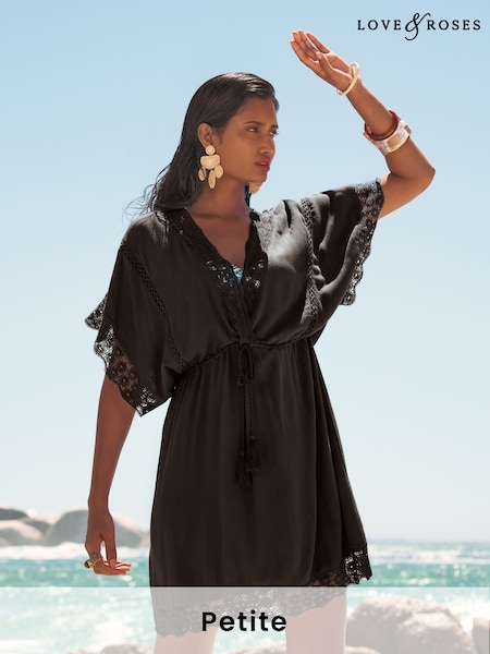 Love & Roses Black Petite Mini Lace Trim Tassel Tie Detail Kaftan (AK7155) | £39