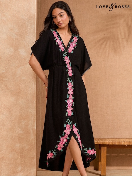 Love & Roses Black Embroidered Kaftan (AK7158) | £48