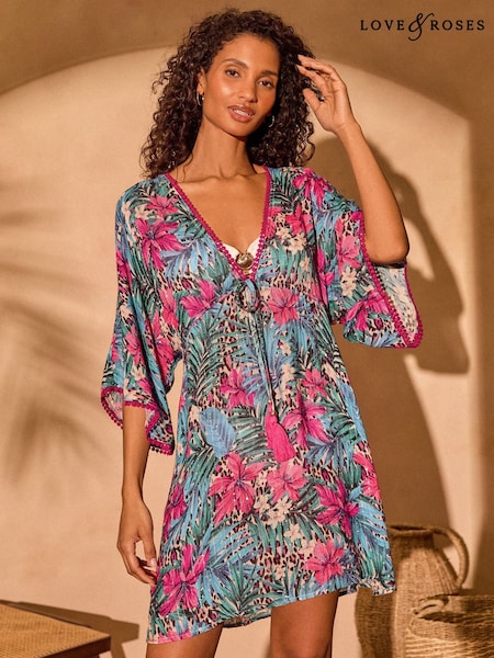 Love & Roses Palm Animal Petite Sequin Lurex Kaftan (AK7173) | £42