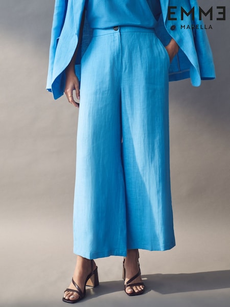 Emme Marella Blue Silvana Long 100% Linen Trousers (AK7335) | £112