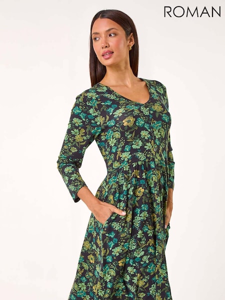 Roman Green Floral Print Button Detail V-Neck Dress (AK7463) | £42
