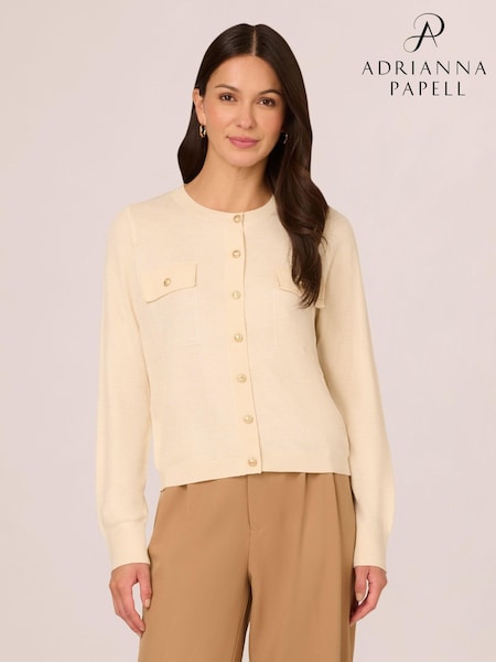 Adrianna Papell Cream Long Sleeve Button Front Cardigan Sweater With Chest Pockets (AK7550) | £69