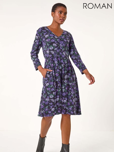 Roman Purple Floral Print Button Detail V-Neck Dress (AK7579) | £42