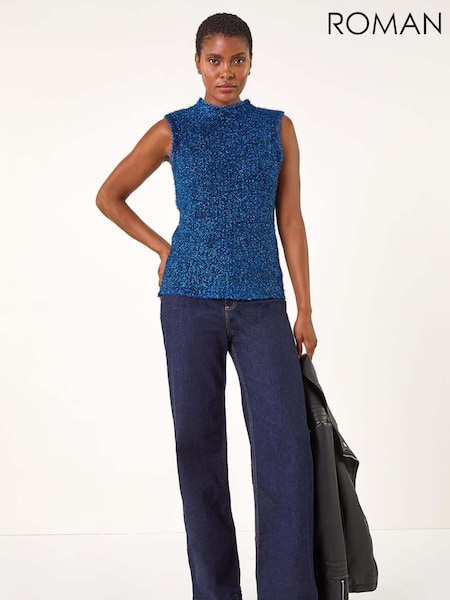 Roman Blue High Neck Fluffy Knit Top (AK7585) | £54