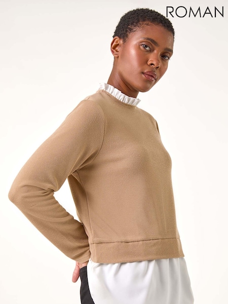 Roman Natural Frill Neck Contrast Jersey Top (AK7607) | £35