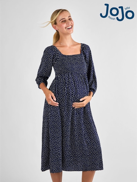 JoJo Maman Bébé Navy Spot Print Shirred Maternity Midi Dress (AK7640) | £49.50