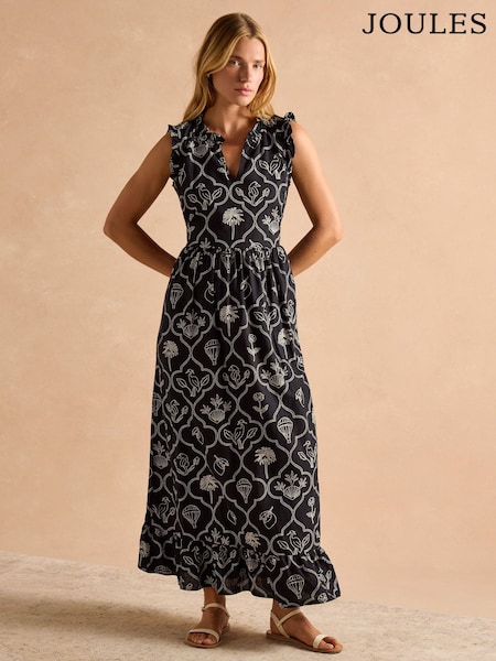 Joules Sophia Black Ruffle Shoulder Midi Dress (AK7874) | £65