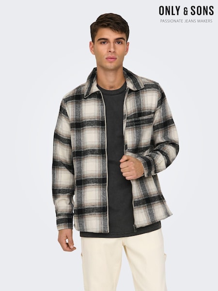 Only & Sons White Check Wool Zip Up Overshirt (AK7952) | £55