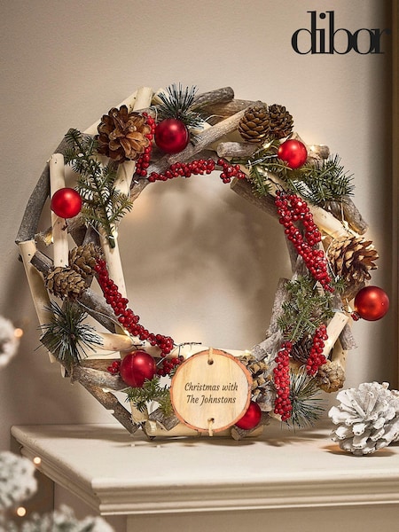 Personalised Woodland Berries Light Up Christmas Wreath by Dibor (AK8174) | £28