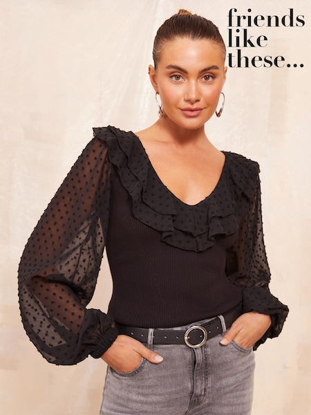 Friends Like These Black Dobby Sleeves Knitted Top (AK8258) | £42