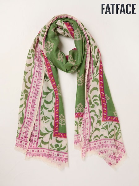 FatFace Green Woodblock Printed Lightweight Scarf (AK8394) | £25