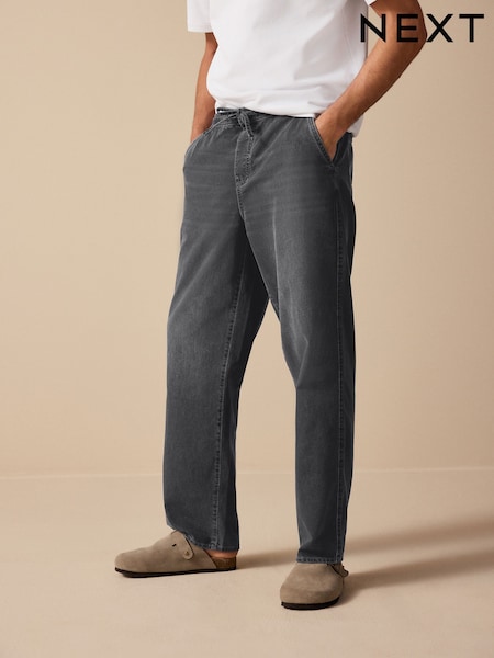 Washed Black Relaxed Fit Elasticated Waist Cotton Linen Denim Jeans (AK8757) | £32