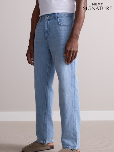 Light Blue Straight Fit Signature Lightweight Cotton Linen Jeans (AK8764) | £35