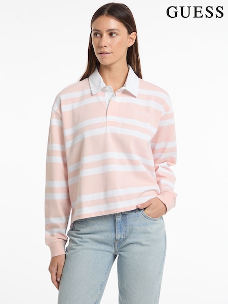 Guess Jeans Pink Stripe Long Sleeve Rugby 100% Cotton Polo Shirt (AK8816) | £59