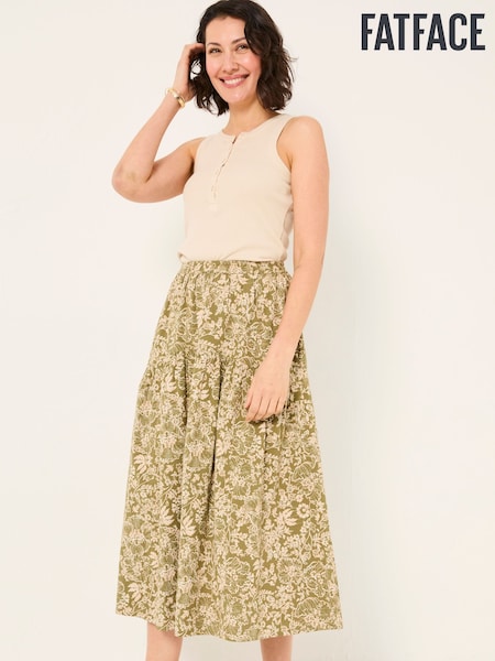 FatFace Betty Khaki Green Linear Floral Midi Skirt (AK9177) | £55