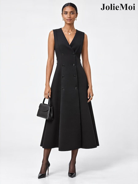 Black - Jolie Moi Double-breasted Tailored Trench Dress