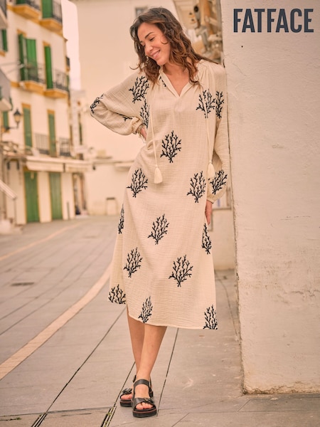 FatFace Ivory Beachwear Coral Embroidered Kaftan Dress (AK9447) | £72