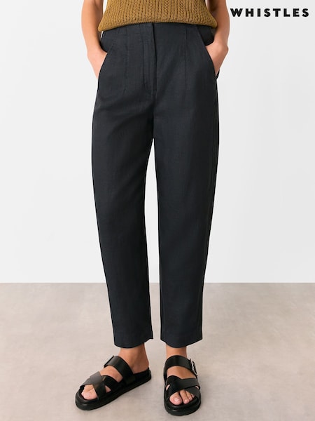 Whistles Black Linen Barrel Leg Trousers (AK9576) | £99