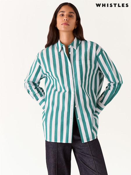 Whistles Green Oversized 100% Cotton Stripe Shirt (AK9600) | £79