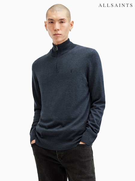 AllSaints Blue Kilburn Quarter Zip Funnel Jumper (AK9803) | £99